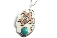 Sea Turtle and Turquoise Gemstone Handmade Sterling Silver and Copper Mixed Metal Beach Surf Pendant. 