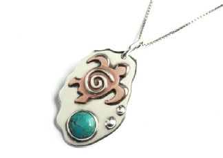 Sea Turtle and Turquoise Gemstone Handmade Sterling Silver and Copper Mixed Metal Beach Surf Pendant. ery