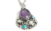 Recycled Sterling Silver, Purple Amethyst and Turquoise Gemstone Pendant with Turtle, Starfish and Bubbles